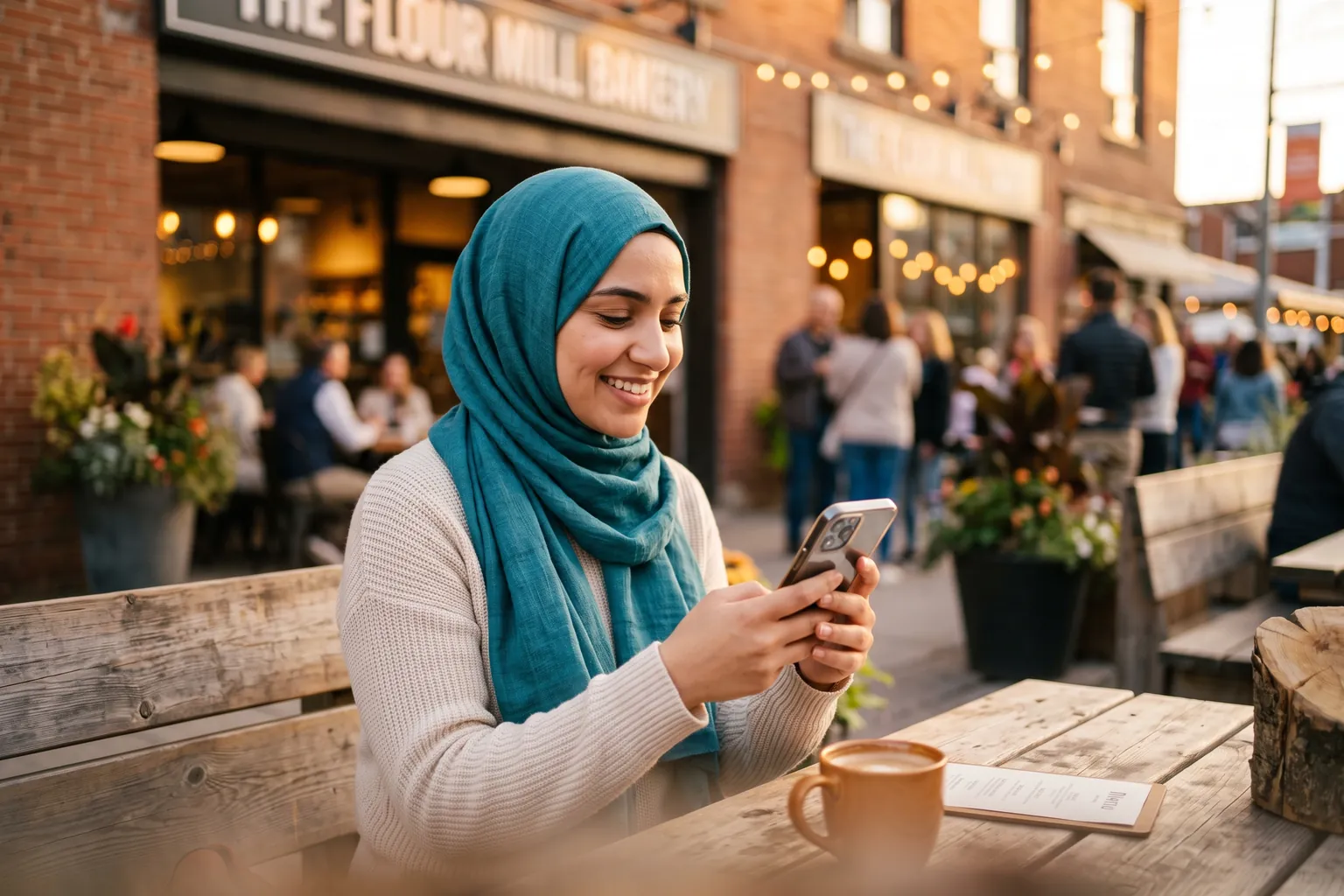Illustration of a woman in a teal hijab ordering verified halal food on her phone